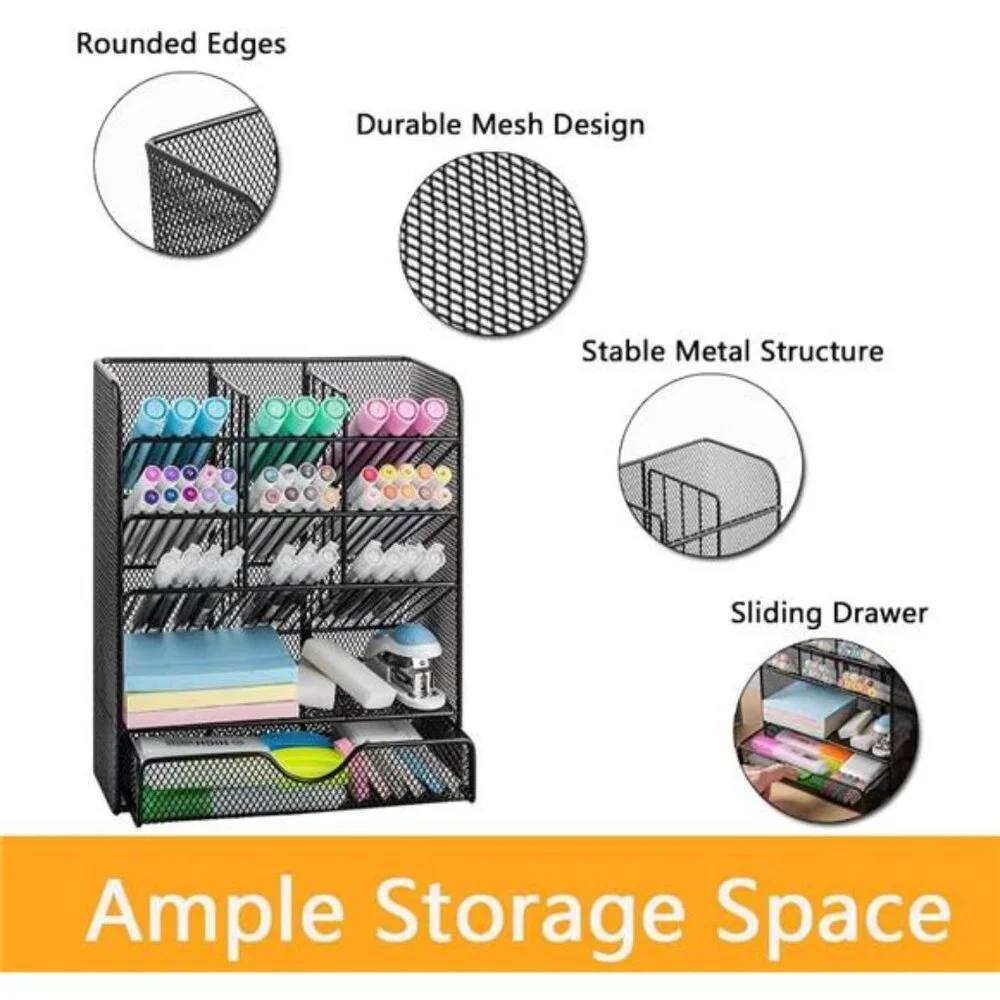 Metal Pen‎ Organizer with Drawer: Black Desk Organizer for School & Home